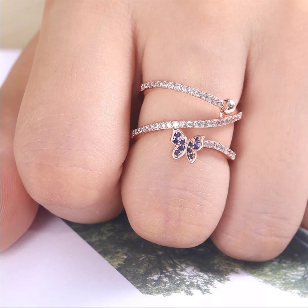 New 18K Rose Gold Butterfly Diamonds Ring